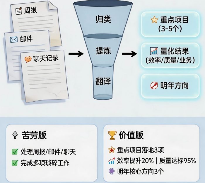 用AI写年终总结：从数据梳理到亮点提炼，一套让领导眼前一亮的方案